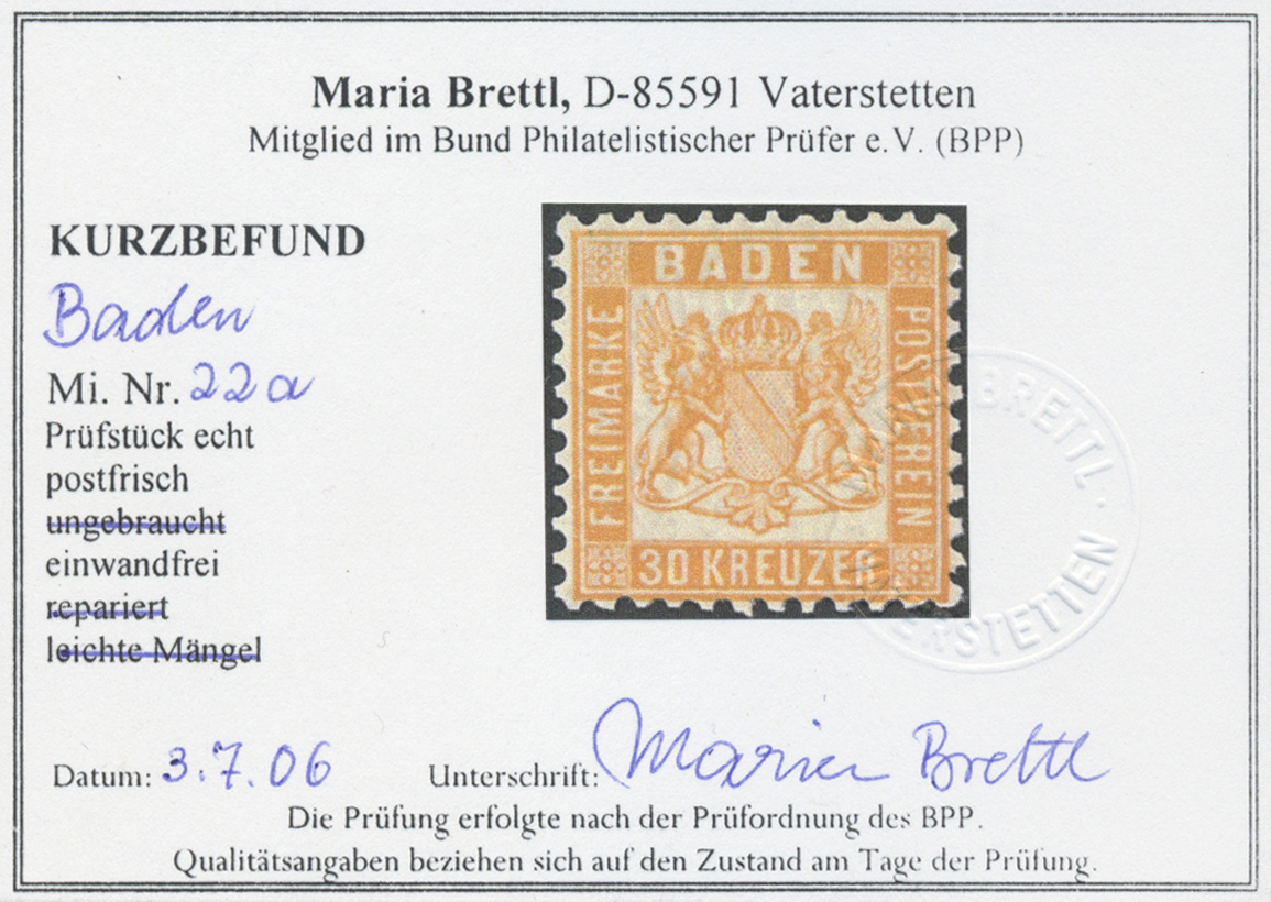 ** Baden - Marken Und Briefe: 1862, 30 Kr. Lebhaftgelborange, Einwandfrei Gezähntes Und Absolut Postfri - Other & Unclassified