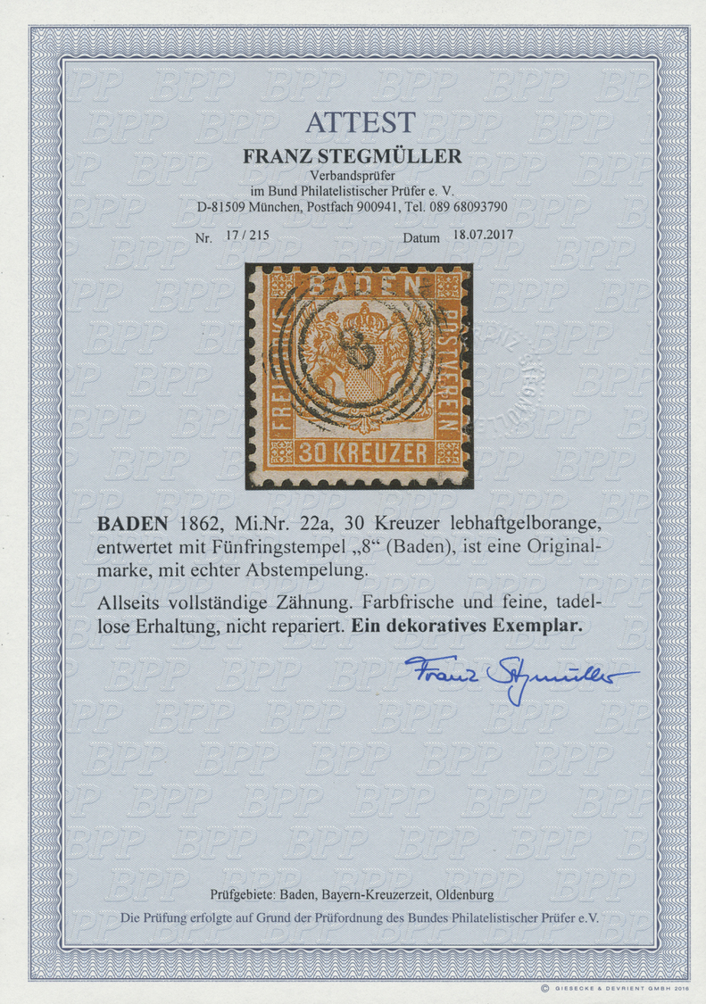 O Baden - Marken Und Briefe: 1862, 30 Kr. Lebhaftgelborange, Farbfrisch Und Mit Allseits Vollständiger - Other & Unclassified
