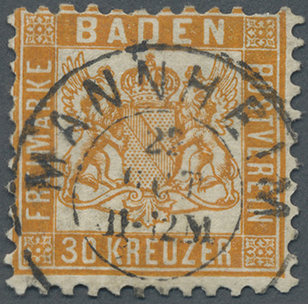 O Baden - Marken Und Briefe: 1862, 30 Kr. Dunkelgelblichorange, Farbfrisch Mit K2 &bdquo;MANNHEIM 22 OCT 11- - Andere & Zonder Classificatie