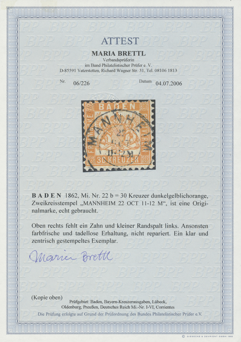 O Baden - Marken Und Briefe: 1862, 30 Kr. Dunkelgelblichorange, Farbfrisch Mit K2 &bdquo;MANNHEIM 22 OCT 11- - Altri & Non Classificati