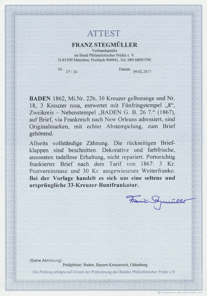 Br Baden - Marken Und Briefe: 1862, 30 Kr. Gelborange Zusammen Mit 3 Kr. Rosa Auf Faltumschlag (rs. Kla - Other & Unclassified