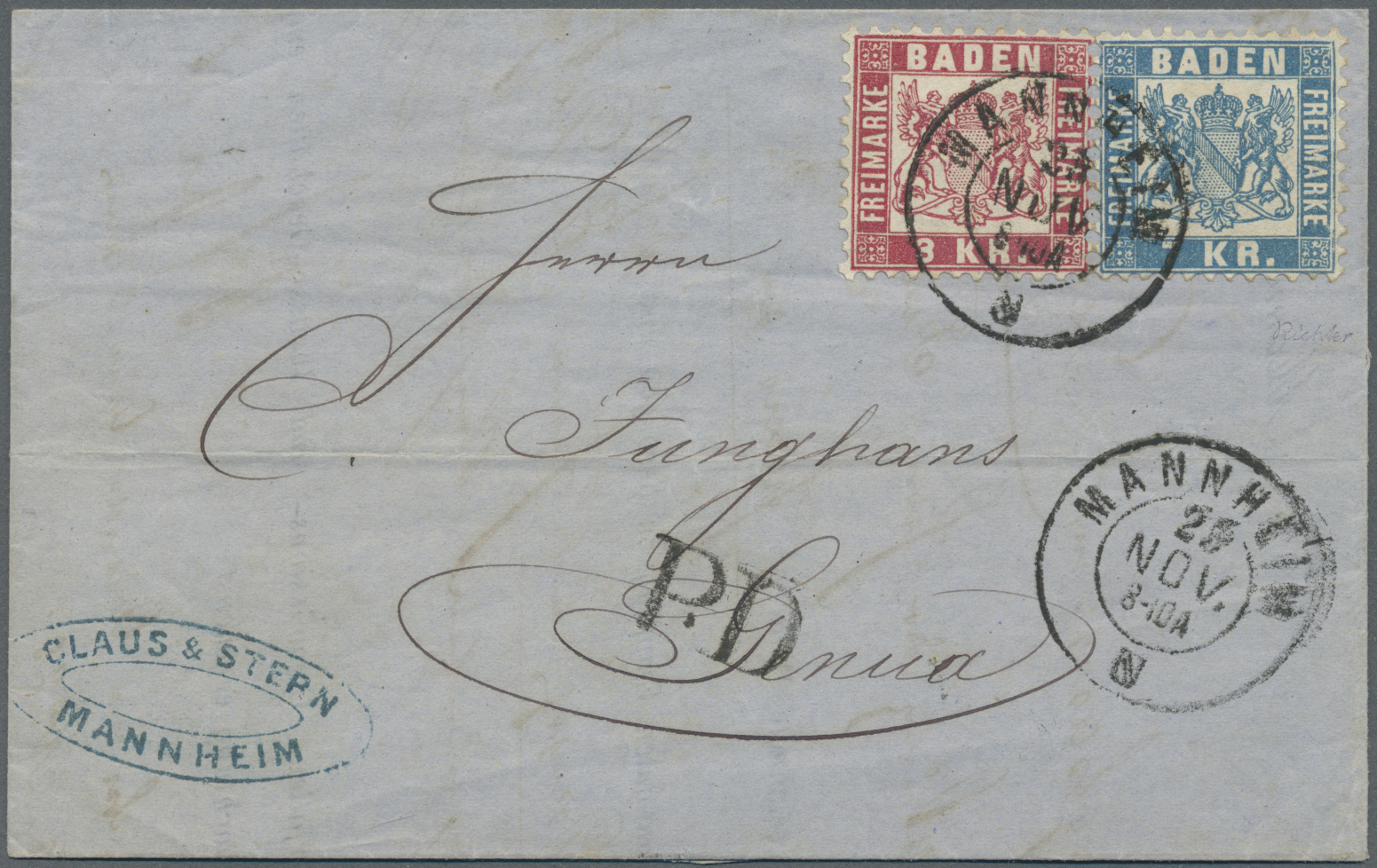 Br Baden - Marken Und Briefe: 1870, 3 Kr. Rosarot Und 7 Kr. Blau Auf Brief Aus Mannheim Und Dort Mit K2 - Other & Unclassified