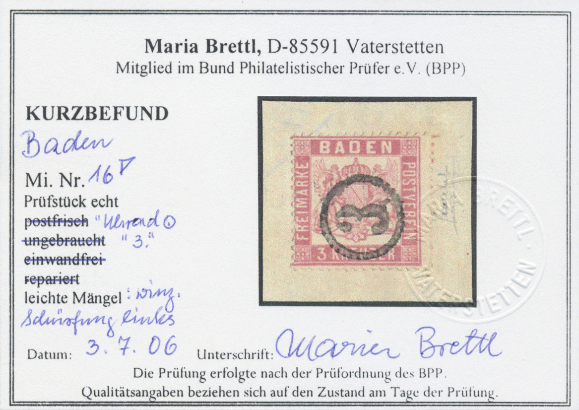 Brfst Baden - Uhrradstempel: 1862, 3 Kr. Mittelrosarot Auf Briefstück Mit Uhrradstempel "3", Kurzbefund Br - Andere & Zonder Classificatie