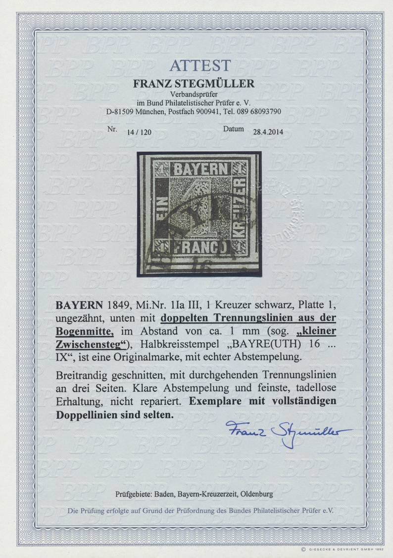 O Bayern - Marken Und Briefe: 1849: 1 Kreuzer Schwarz, Platte 1, äußerst Farbfrisch Und Sehr Breitrand - Other & Unclassified