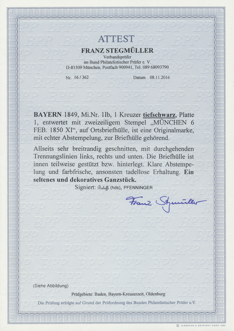 Br Bayern - Marken Und Briefe: 1849: 1 Kreuzer Tiefschwarz, Platte 1, (1. Auflage!) übergehend Entwerte - Andere & Zonder Classificatie