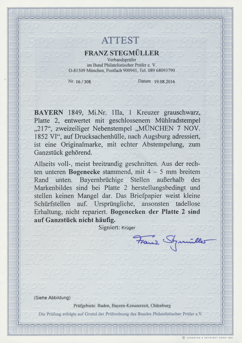 Br Bayern - Marken Und Briefe: 1849: 1 Kreuzer Grauschwarz, Platte 2, Auf Nach Augsburg Adressierter Dr - Andere & Zonder Classificatie