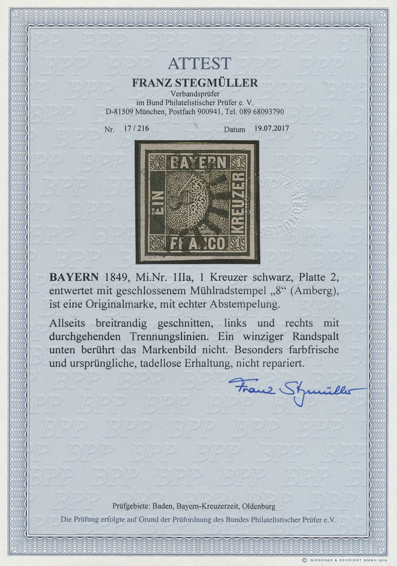 O Bayern - Marken Und Briefe: 1849, 1 Kr. Schwarz, Platte 2, Farbfrisches, Allseits Breitrandiges Exem - Other & Unclassified