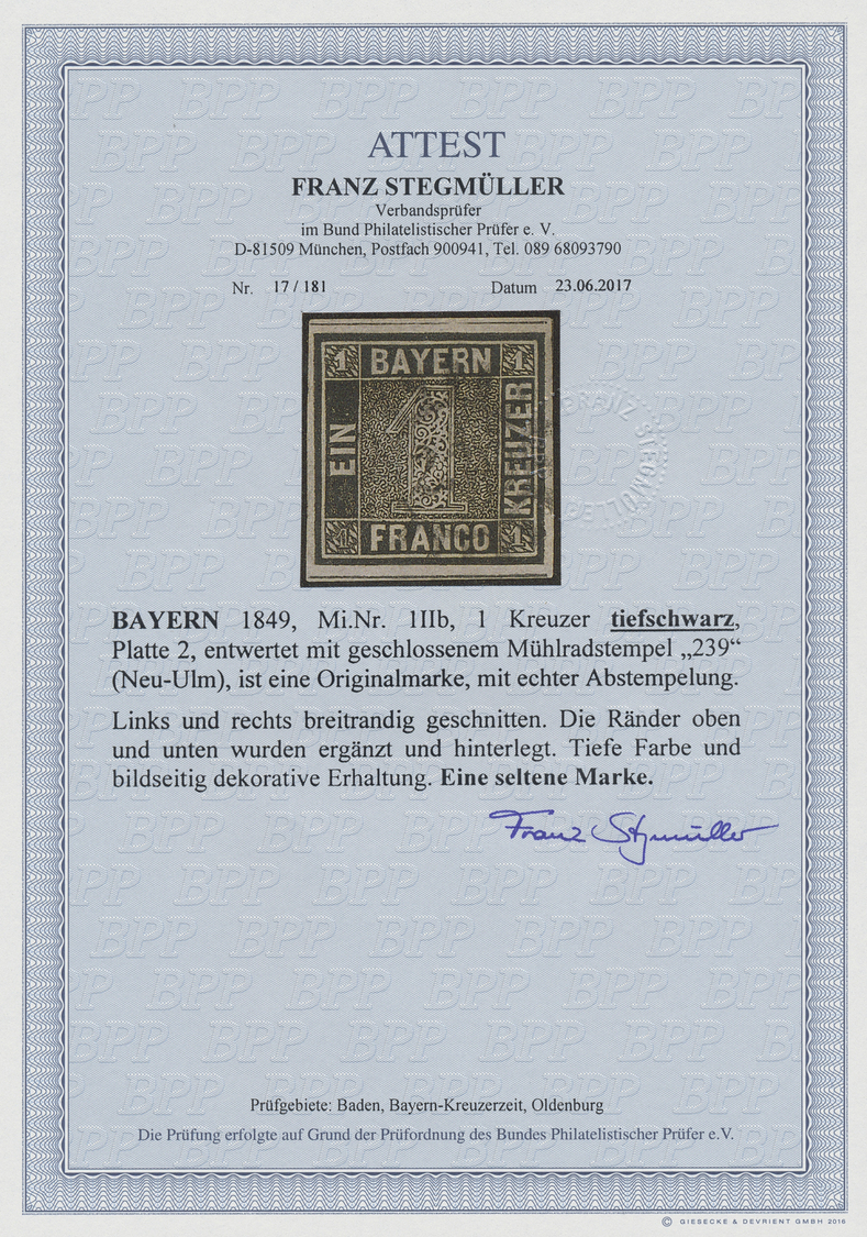 O Bayern - Marken Und Briefe: 1849, 1 Kr. Tiefschwarz, Platte 2, Farbtiefes Exemplar Mit Oben Und Unte - Autres & Non Classés