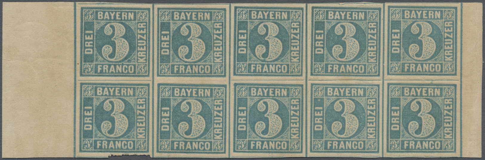 ** Bayern - Marken Und Briefe: 1850: 3 Kr. Milchblau, Platte 5, Postfrischer Zehnerblock, Links Und Rec - Autres & Non Classés