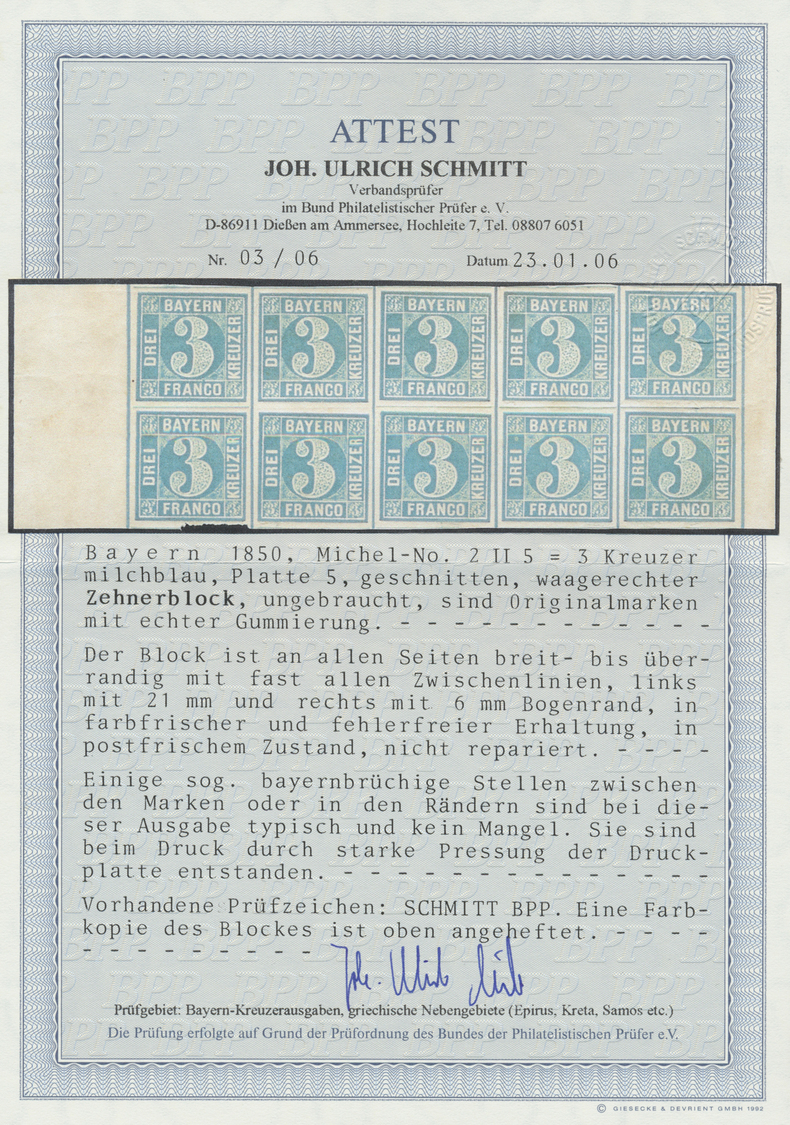 ** Bayern - Marken Und Briefe: 1850: 3 Kr. Milchblau, Platte 5, Postfrischer Zehnerblock, Links Und Rec - Andere & Zonder Classificatie