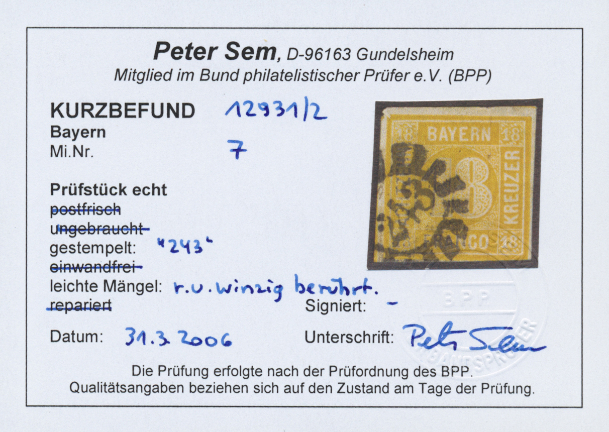 O Bayern - Marken Und Briefe: 1854, 18 Kreuzer Gelb Mit GMR "243" Mit Befund Sem BPP. Rechts Unten Win - Autres & Non Classés