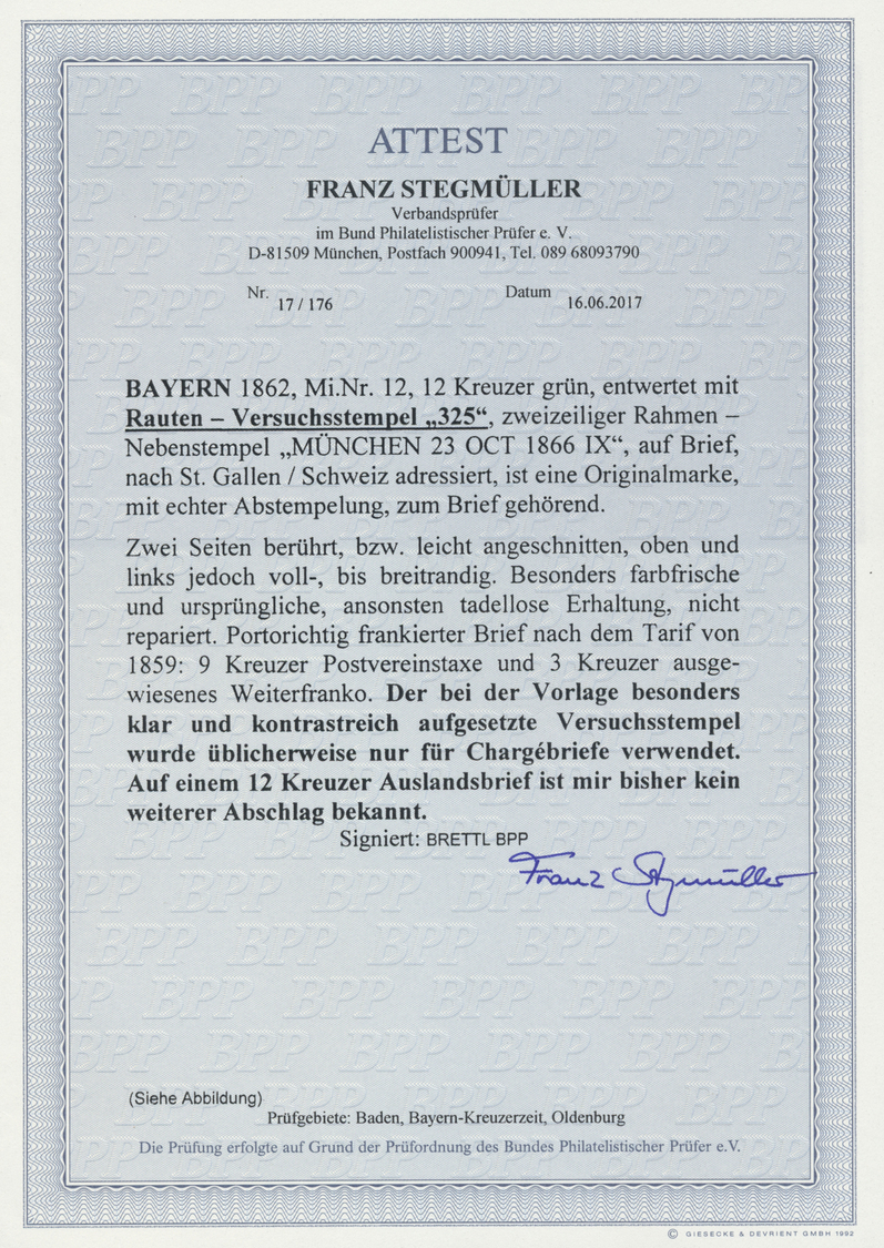 Br Bayern - Marken Und Briefe: 1862: RAUTEN-VERSUCHSSTEMPEL "325", Besonders Klar, Ideal Ausgeprägt Und - Andere & Zonder Classificatie