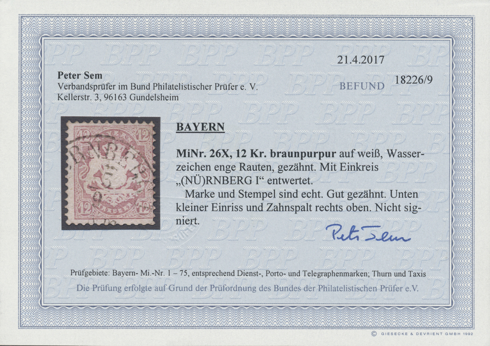 O Bayern - Marken Und Briefe: 1870, Wappenausgabe 12 Kr. Braunpurpur Gezähnt Mit Wasserzeichen Enge Ra - Andere & Zonder Classificatie