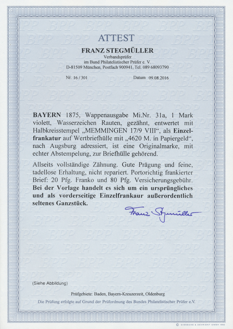 Br Bayern - Marken Und Briefe: 1875: 1 Mark Mit Wasserzeichen "Rauten", Sehr Tieffarbiges Und Tadellos - Andere & Zonder Classificatie
