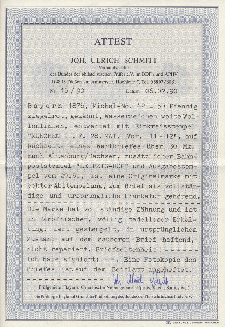 Br Bayern - Marken Und Briefe: 1876, 50 Pfg. Ziegelrot, Rückseitig Als Einzelfrankatur Auf Wertbrief (M - Andere & Zonder Classificatie