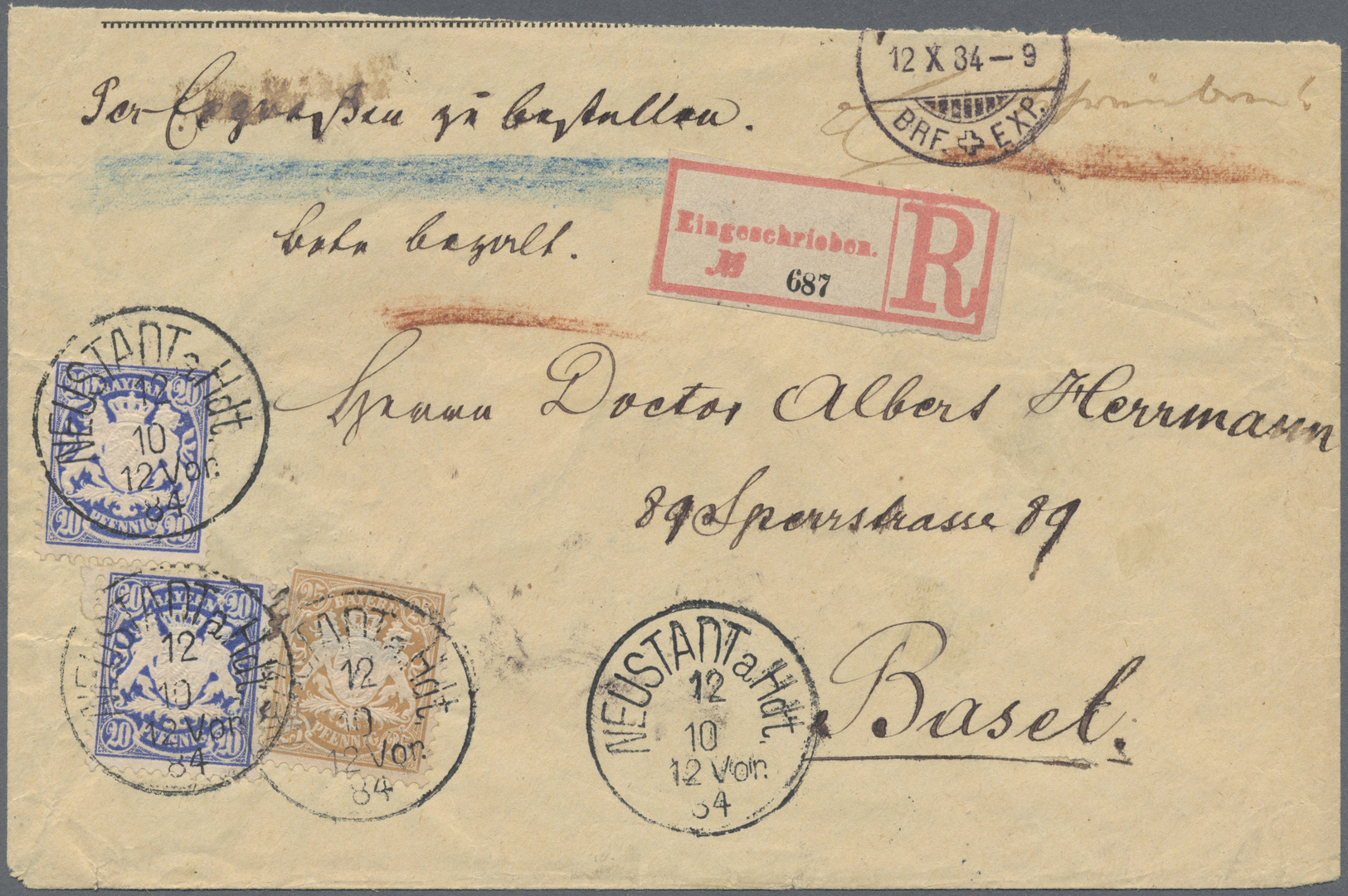Br Bayern - Marken Und Briefe: 1881, 25 Pf Wappen Braun Und 2x 20 Pf Blau Auf R-Brief (oben Verkürzt) V - Andere & Zonder Classificatie