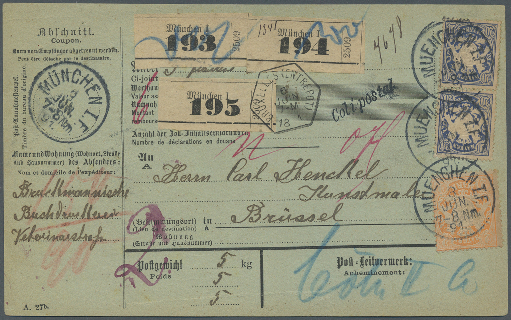 Br Bayern - Marken Und Briefe: 1890, 2 M. Orange (etwas Verfärbt) Und Senkrechtes Paar 20 Pfg. Wappen A - Autres & Non Classés