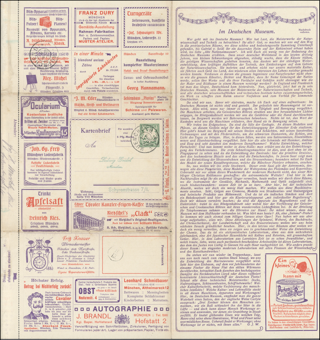 GA Bayern - Marken Und Briefe: 1908, Toller Ganzsachen-Kartenbrief Mit VIEL WERBUNG, In München Gelaufe - Andere & Zonder Classificatie