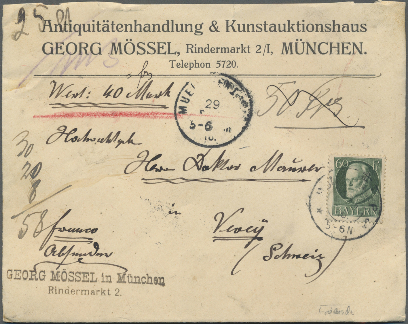 Br Bayern - Marken Und Briefe: 1914, 60 Pfg. Ludwig III. Als Einzelfrankatur Auf Firmen-Auslandswertbri - Andere & Zonder Classificatie