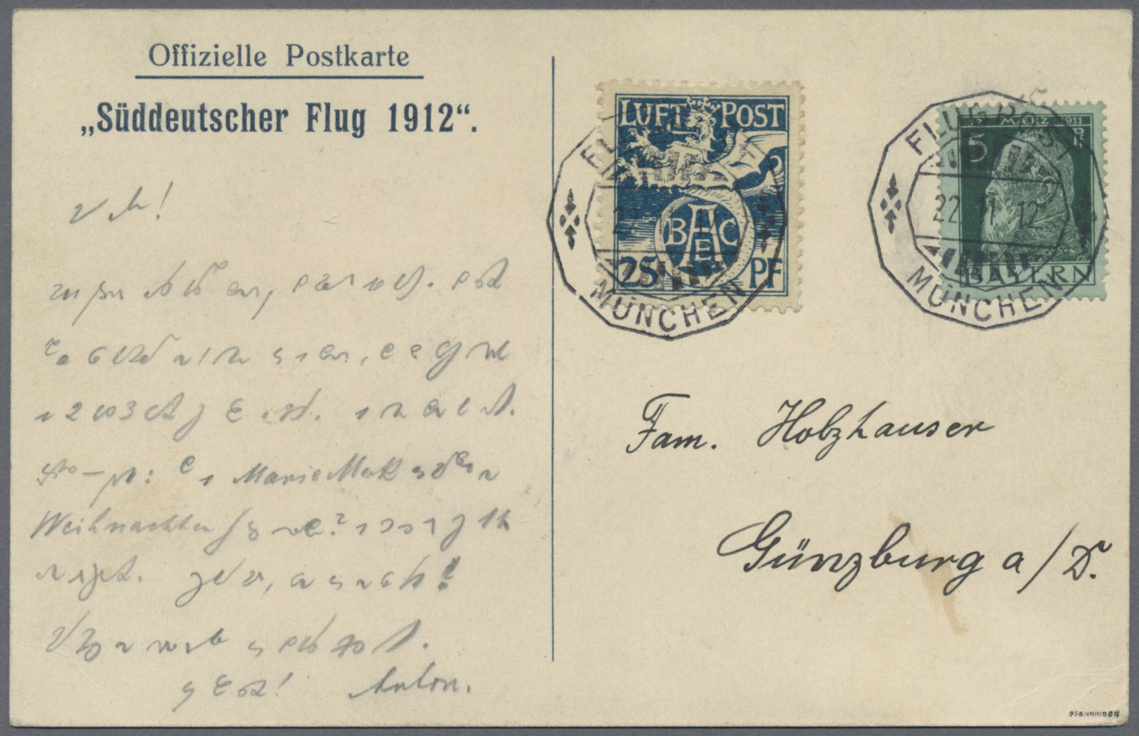 Bayern - Marken Und Briefe: 1912, Flugpostmarke BAEC Mit 5 Pf. Luitpold Und FLUGPOST / MÜNCHEN / 22. - Andere & Zonder Classificatie