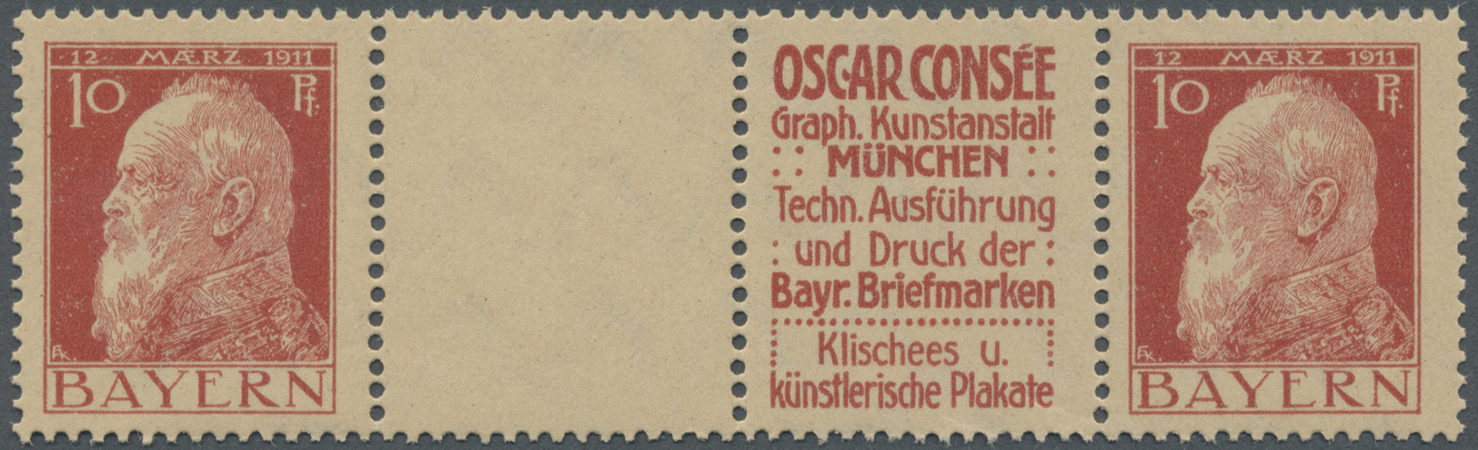 ** Bayern - Zusammendrucke: Oscar Consee Klischees Rot, Stegpaar 10+Z+R+10 Pfg. (WZ 4.1) In Tadelloser - Autres & Non Classés