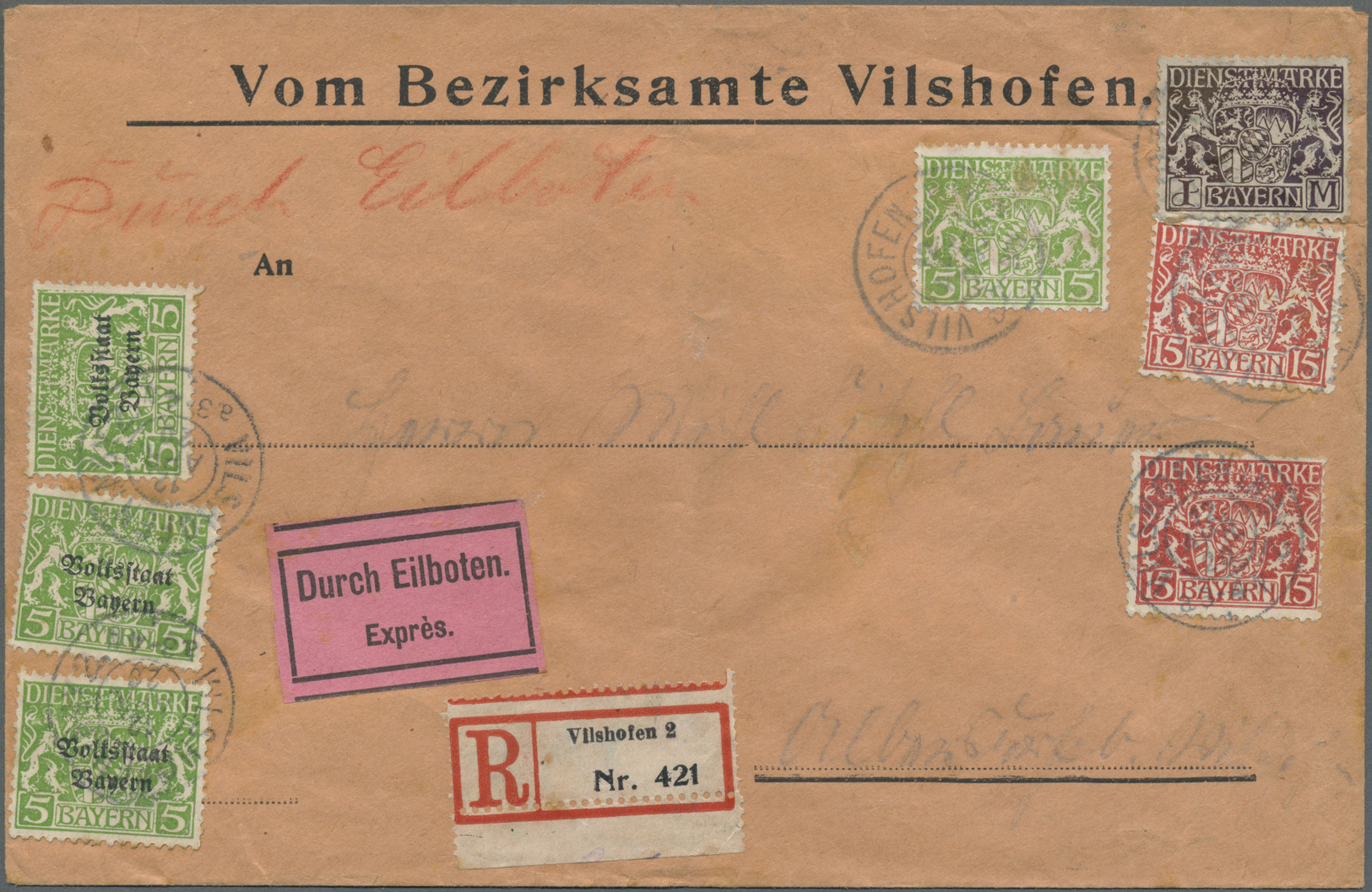 Br Bayern - Dienstmarken: 1920, Einschreibebrief Per Eilboten In Den Eigenen Landzustellbereich Ab VILS - Andere & Zonder Classificatie