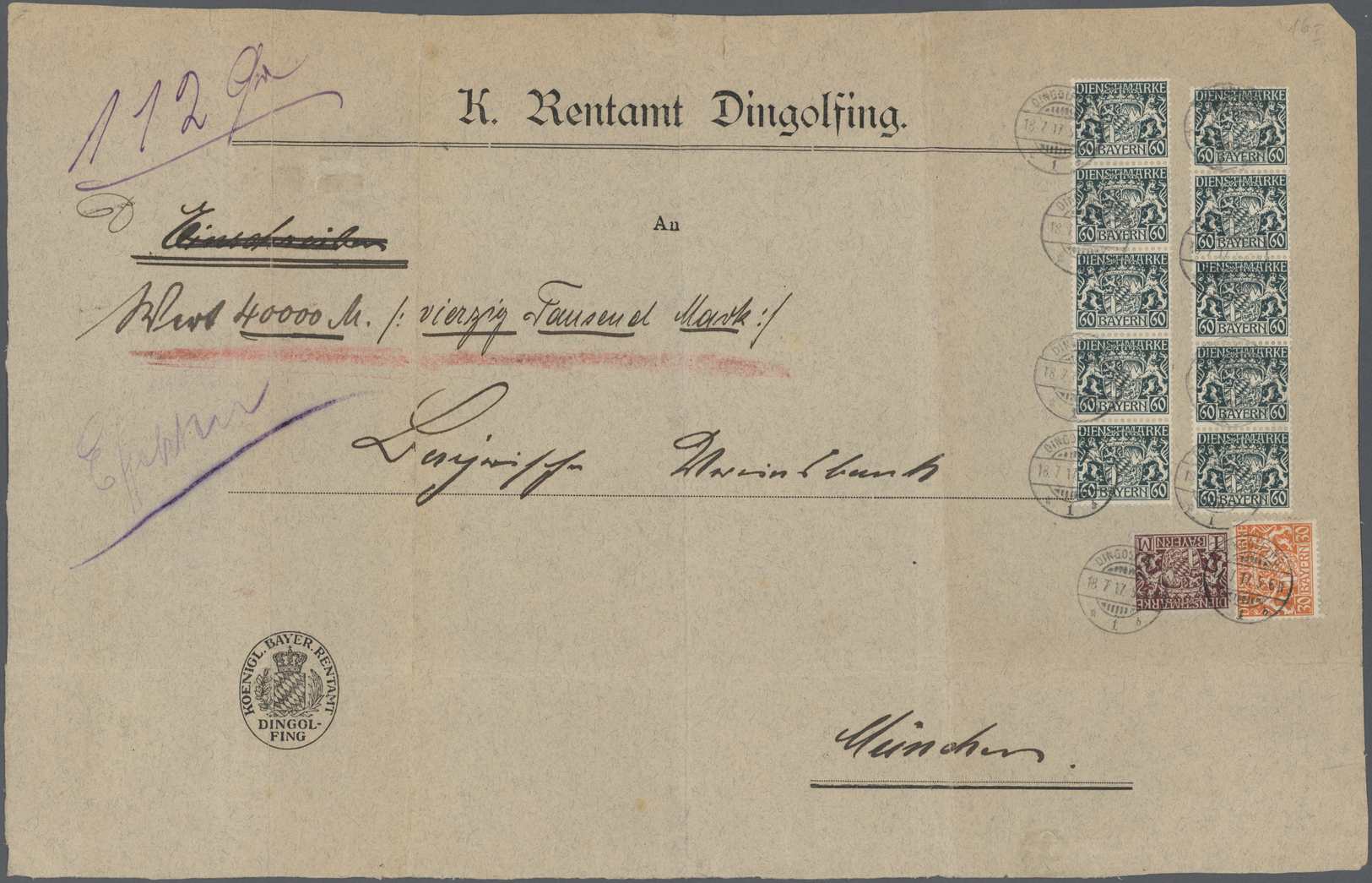 Br Bayern - Dienstmarken: 1917, Vorderseite Eines Vordruck-Umschlages Vom "K. Rentamt Dingolfing" Für A - Autres & Non Classés