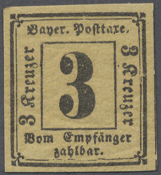 ** Bayern - Portomarken: 1862, 3 Kr. Schwarz/bräunlichgelb, Postfrische ANDRUCKPROBE, Breitrandig Und F - Autres & Non Classés