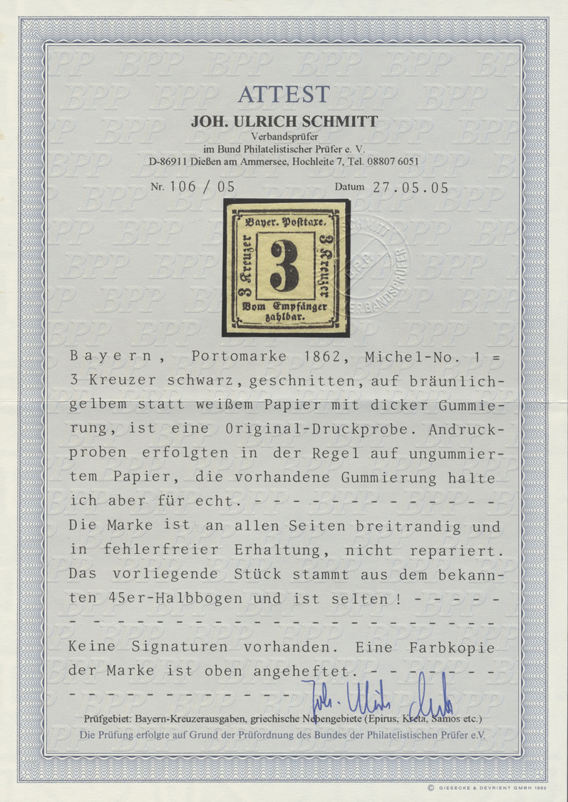 ** Bayern - Portomarken: 1862, 3 Kr. Schwarz/bräunlichgelb, Postfrische ANDRUCKPROBE, Breitrandig Und F - Andere & Zonder Classificatie