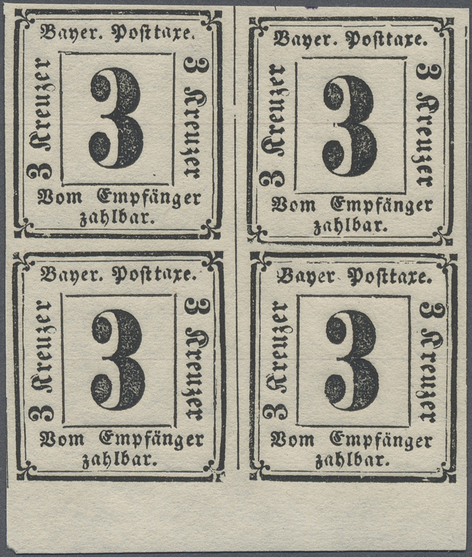 /** Bayern - Portomarken: 1862: 3 Kr. Schwarz, Postfrischer Luxus-Viererblock Mit Unterem Bogenrand, Seh - Autres & Non Classés