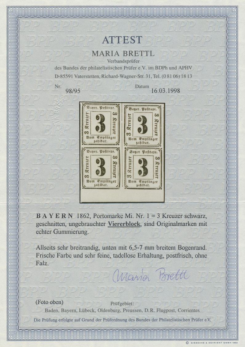 /** Bayern - Portomarken: 1862: 3 Kr. Schwarz, Postfrischer Luxus-Viererblock Mit Unterem Bogenrand, Seh - Andere & Zonder Classificatie