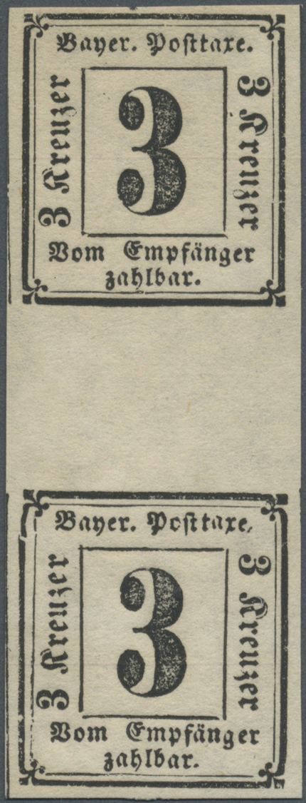 */** Bayern - Portomarken: 1862: 3 Kr. Schwarz, Senkrechtes Paar Mit Zwischensteg, Nahezu Postfrisch (gum - Andere & Zonder Classificatie