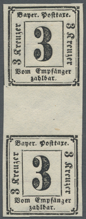 ** Bayern - Portomarken: 1862, 3 Kreuzer Schwarz Auf Weiß Geschnitten Im Senkrechten Paar Mit 14 Mm Bre - Other & Unclassified