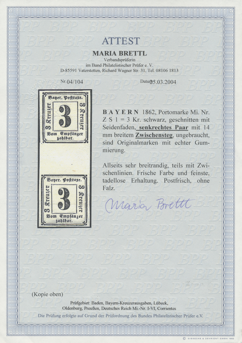 ** Bayern - Portomarken: 1862, 3 Kreuzer Schwarz Auf Weiß Geschnitten Im Senkrechten Paar Mit 14 Mm Bre - Andere & Zonder Classificatie