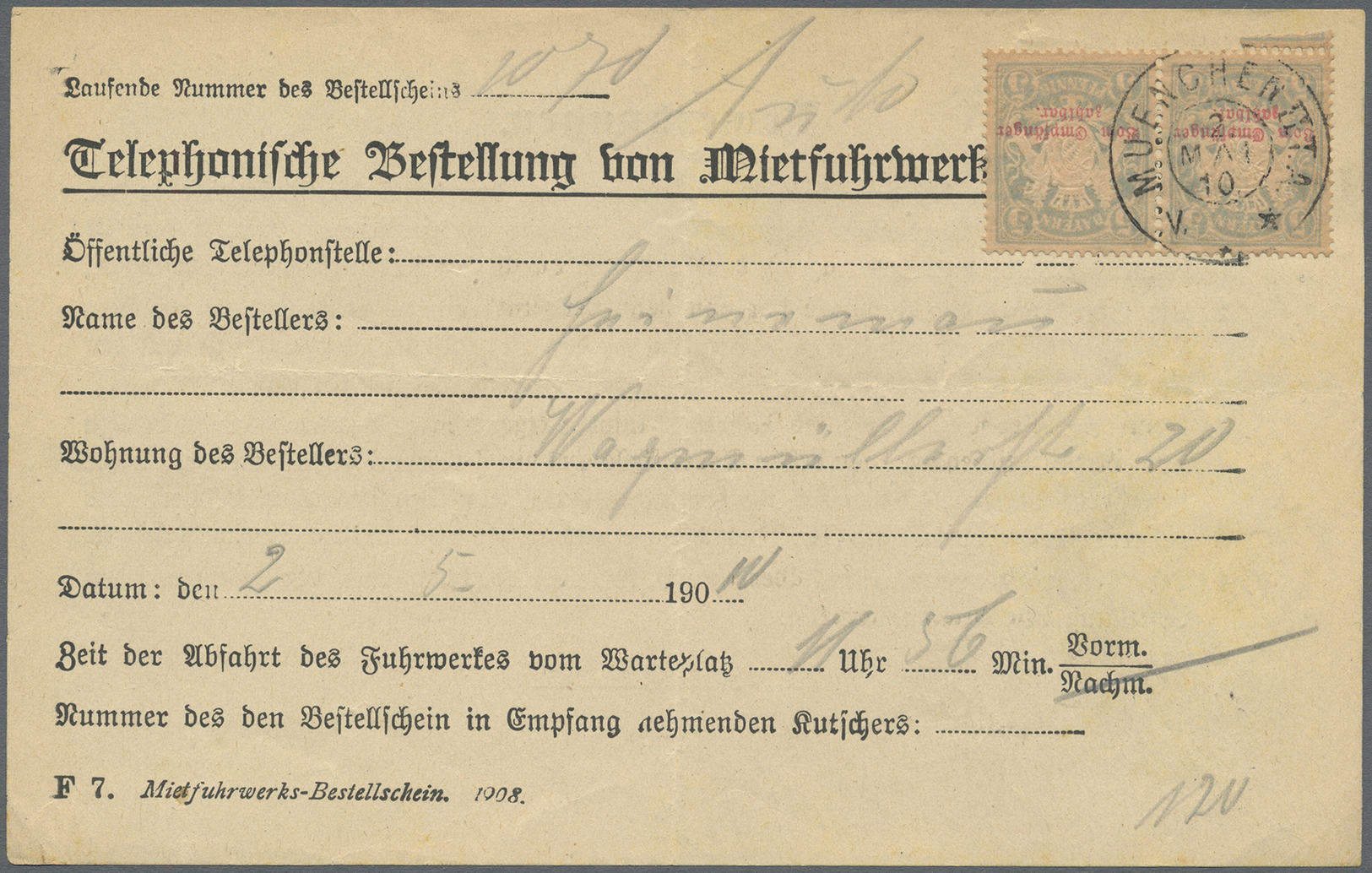 Br Bayern - Portomarken: 1910, 5 Pf. Wappen "Mietfuhrwerks-Bestellschein", Einmal Als Waagerechtes Paar - Andere & Zonder Classificatie