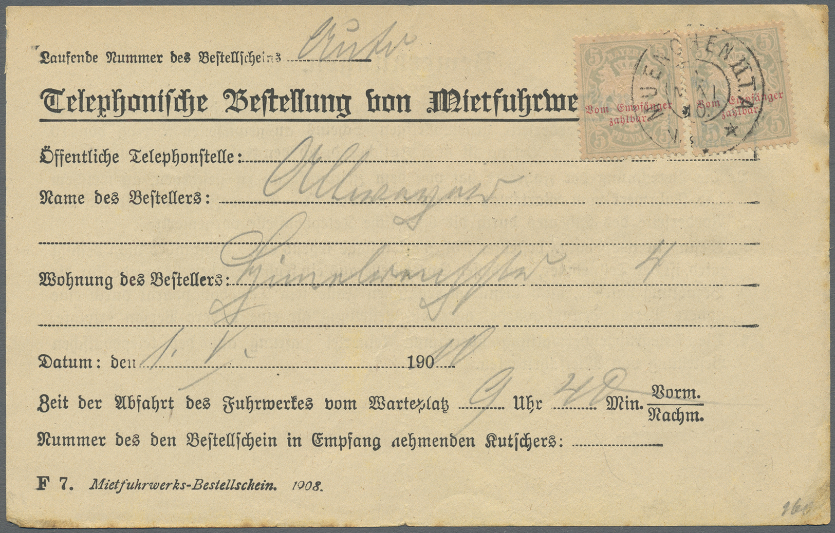 Br Bayern - Portomarken: 1910, 5 Pf. Wappen "Mietfuhrwerks-Bestellschein", Einmal Als Waagerechtes Paar - Andere & Zonder Classificatie