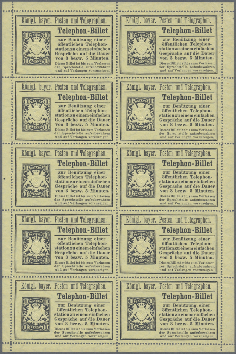 (*) Bayern - Telefon-Billets: 1893, 10 Pfg Im Originalbogen Ungebraucht Ohne Gummi Wie Verausgabt, Der B - Andere & Zonder Classificatie