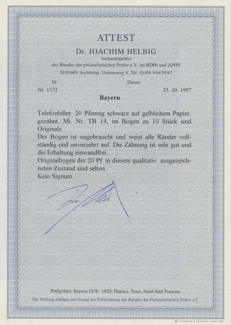 (*) Bayern - Telefon-Billets: 1893, 20 Pfg Im Originalbogen Ungebraucht Ohne Gummi Wie Verausgabt, Der B - Andere & Zonder Classificatie