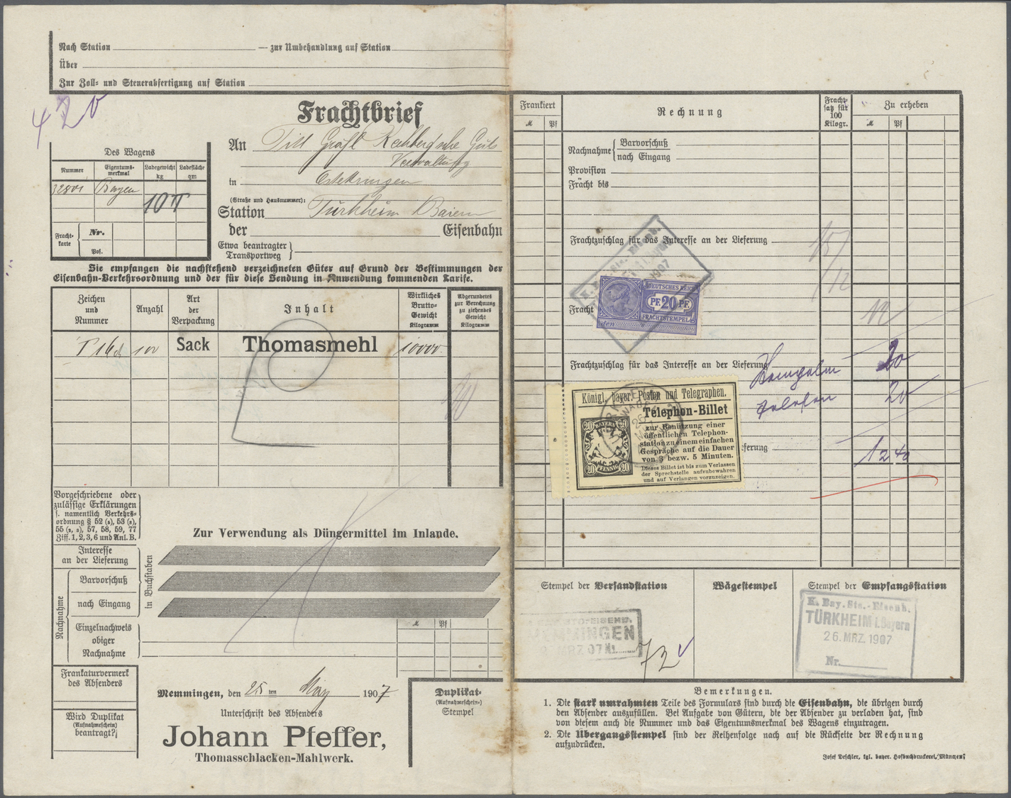 Br Bayern - Telefon-Billets: 1894, 20 Pfg Telefon-Billet Mit K1 TÜRKHEIM 26.Mrz. 1907 Sowie 20 Pf Frach - Autres & Non Classés