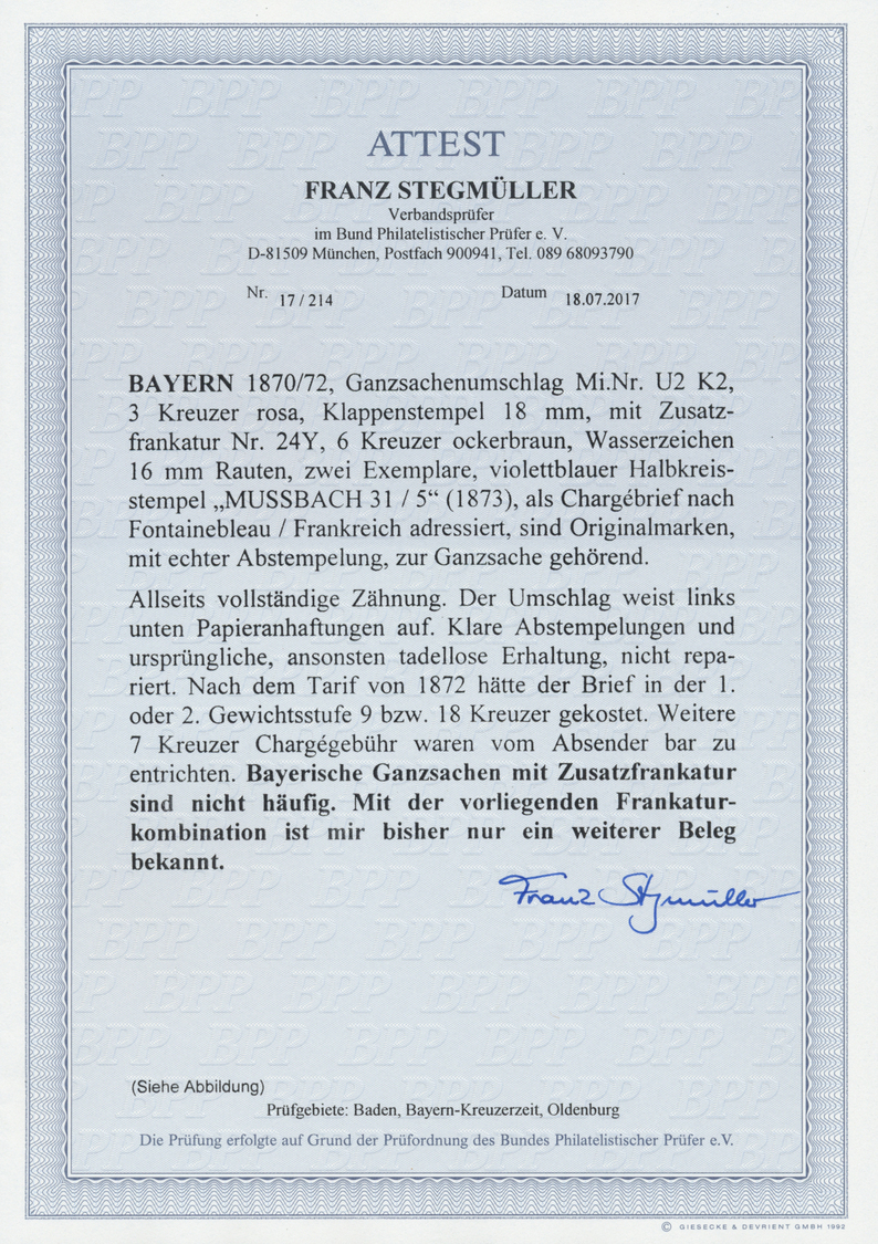 GA Bayern - Ganzsachen: 1870, GA-Umschlag 3 Kr. Rosa, Klappenstempel 18mm Mit Zusatzfrankatur 2x 6 Kr. - Andere & Zonder Classificatie