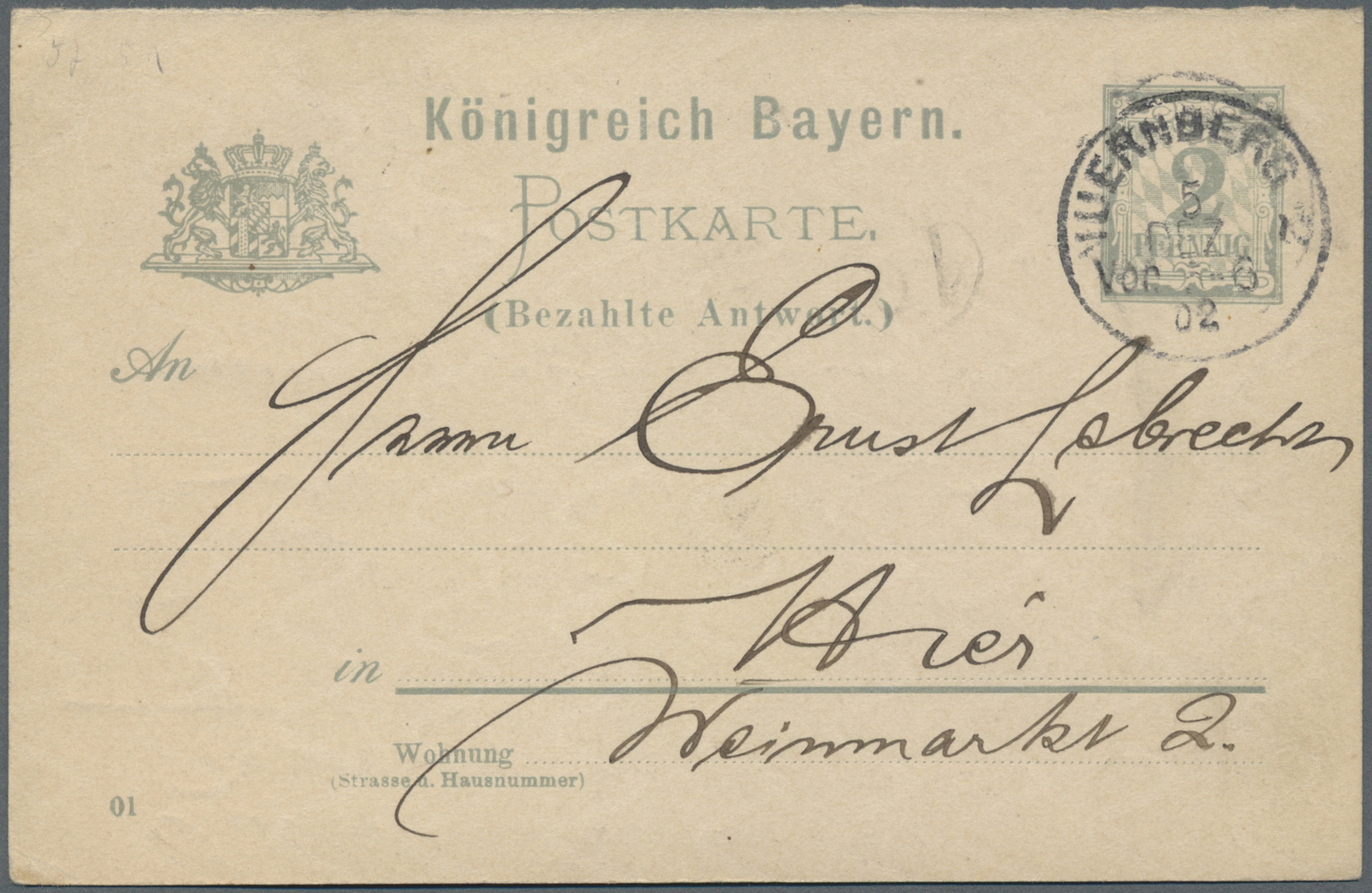 GA Bayern - Ganzsachen: 1901/1903, 2 Pf Grau Antwortkarte Im Ortsverkehr Nürnberg, Mi 320.- - Andere & Zonder Classificatie