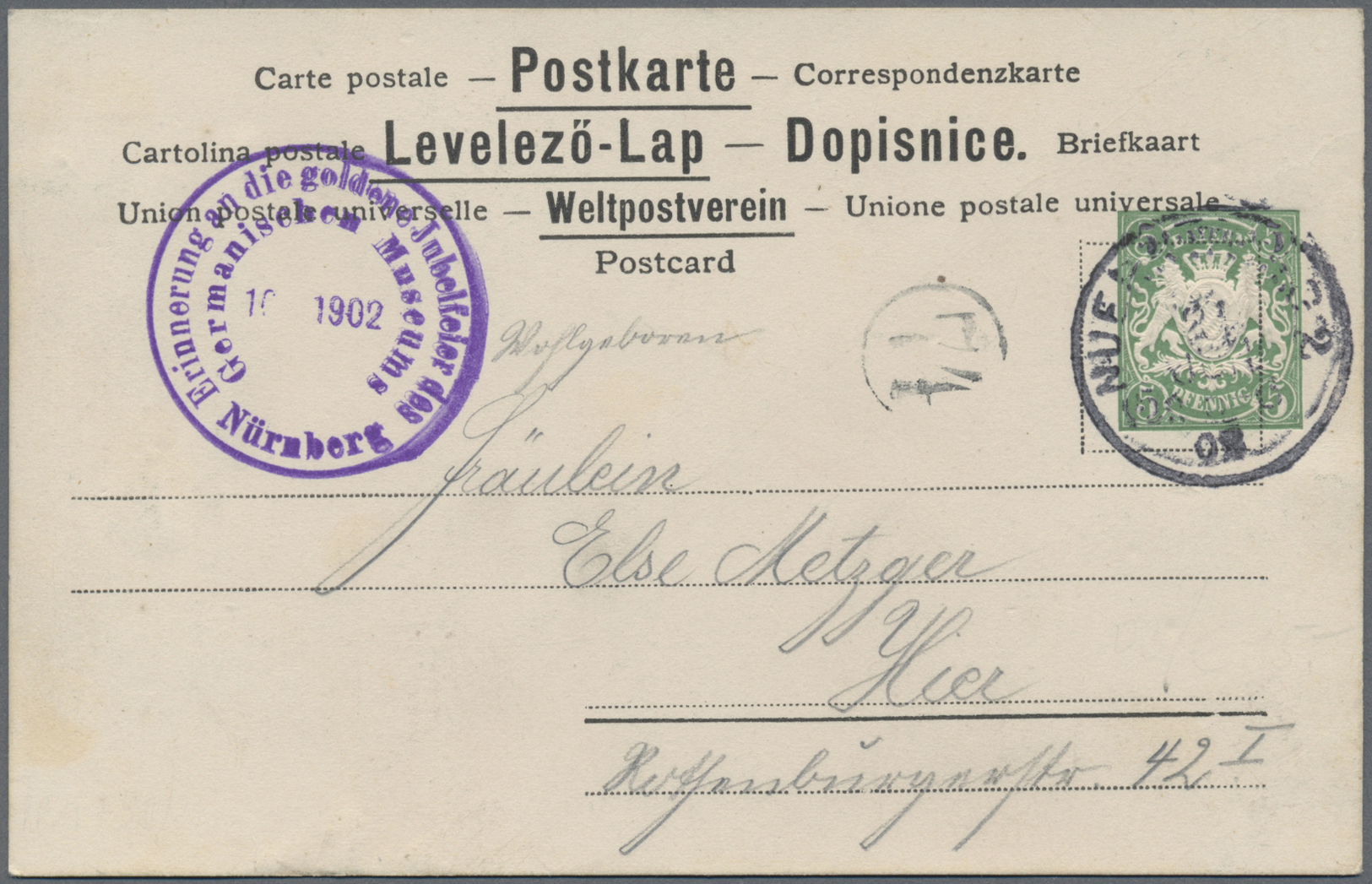 GA Bayern - Ganzsachen: 1902. Privat-Postkarte 5 Pf Wappen "Germanisches Nationalmuseum In Nürnberg" Mi - Autres & Non Classés