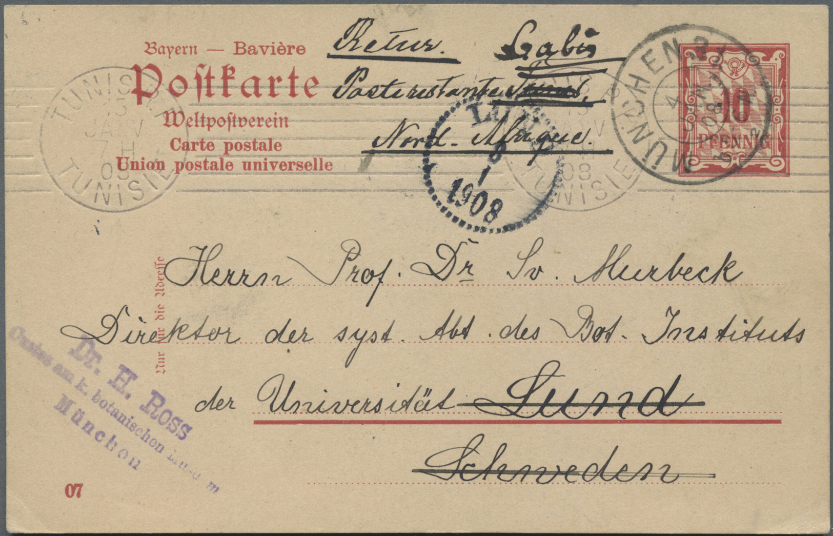 GA Bayern - Ganzsachen: 1903, 10 Pfg. Ganzsachenkarte Bedarfsgebraucht Aus "MÜNCHEN 4.JAN.08" Nach Lund - Andere & Zonder Classificatie