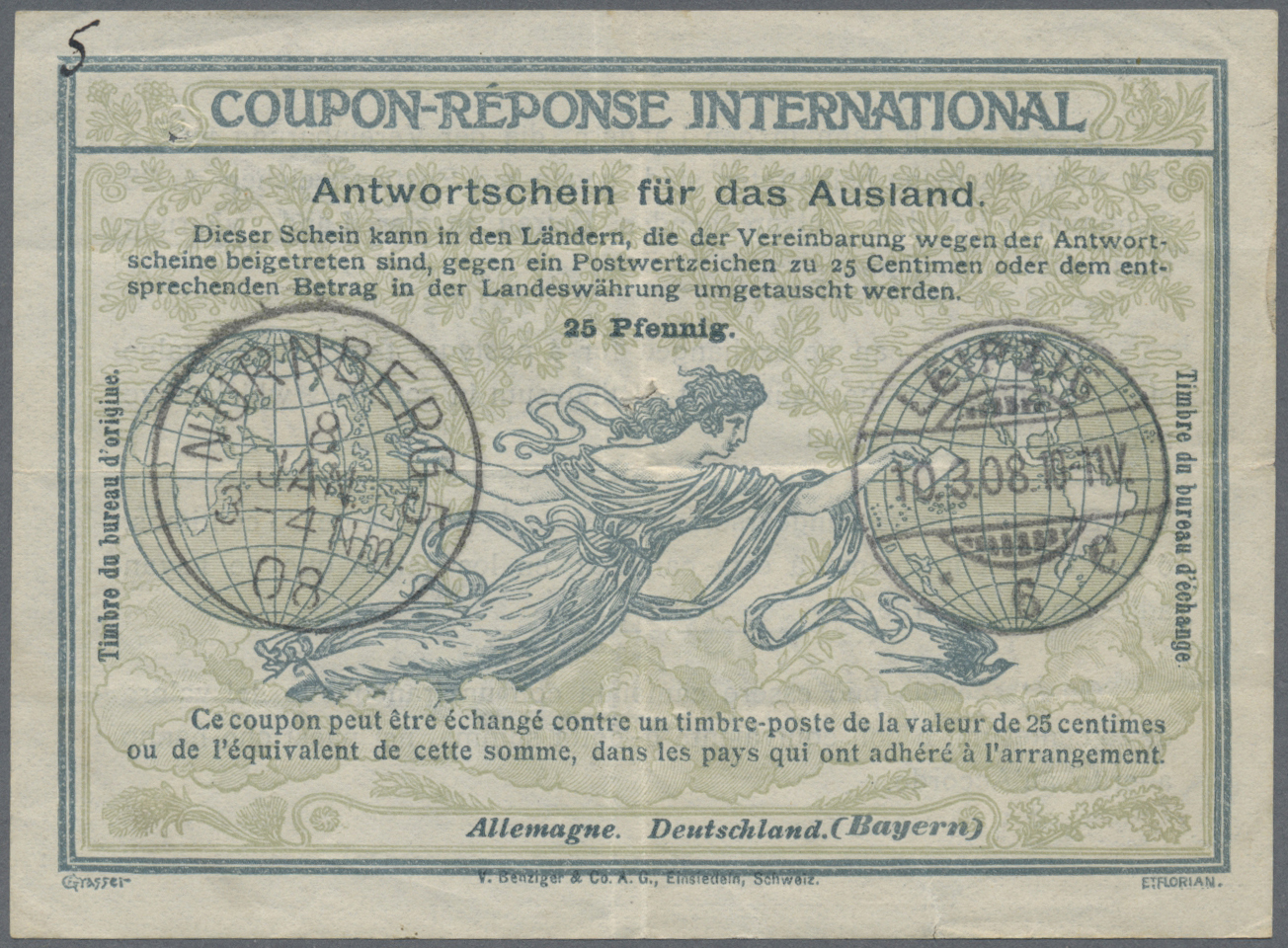 GA Bayern - Ganzsachen: 1908/1921, 4 Antwortscheine Für Das Ausland Mit IAS2 Mit Nürnberg/Leipzig Sowie - Autres & Non Classés