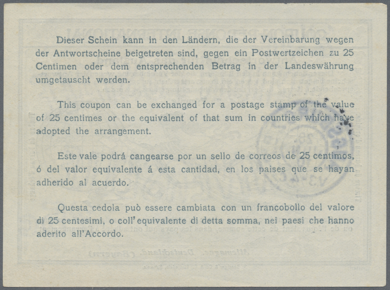 GA Bayern - Ganzsachen: 1908/1921, 4 Antwortscheine Für Das Ausland Mit IAS2 Mit Nürnberg/Leipzig Sowie - Andere & Zonder Classificatie