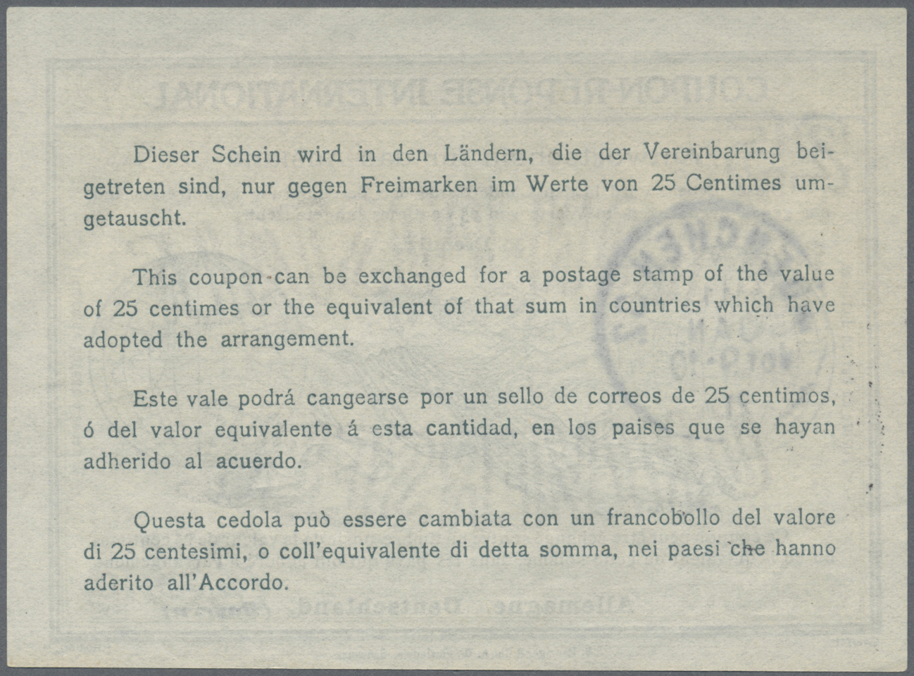 GA Bayern - Ganzsachen: 1908/1921, 4 Antwortscheine für das Ausland mit IAS2 mit Nürnberg/Leipzig sowie