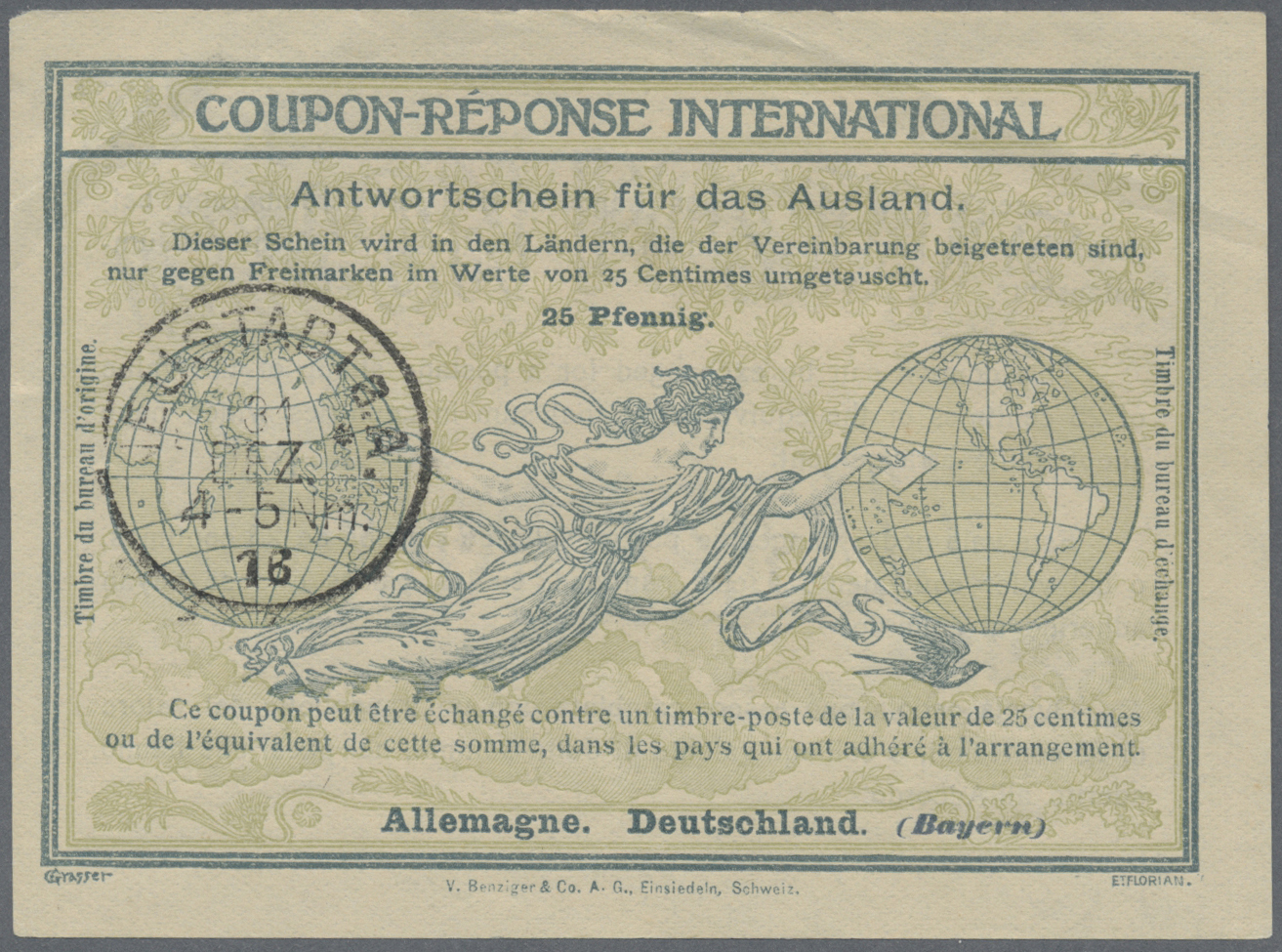 GA Bayern - Ganzsachen: 1908/1921, 4 Antwortscheine für das Ausland mit IAS2 mit Nürnberg/Leipzig sowie