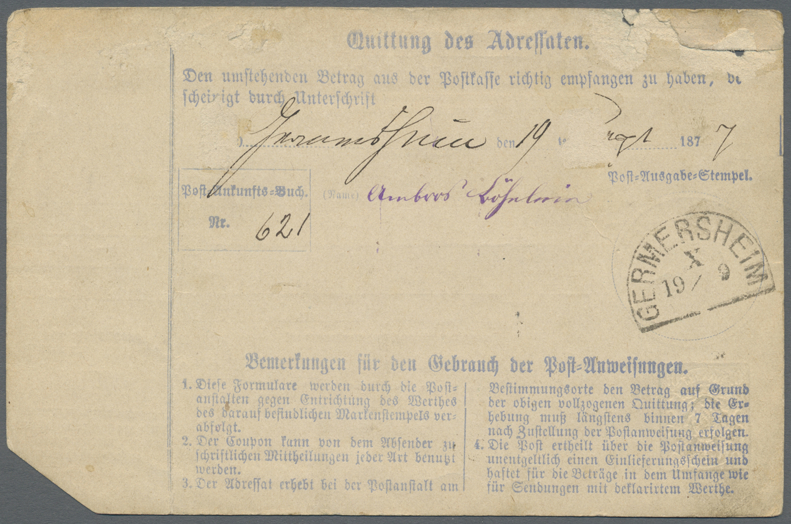 GA Bayern - Postablagestempel: 1877, Postanweisung über 4 Mark Als Soldatenbrief Mit Seltenem Stempel " - Andere & Zonder Classificatie