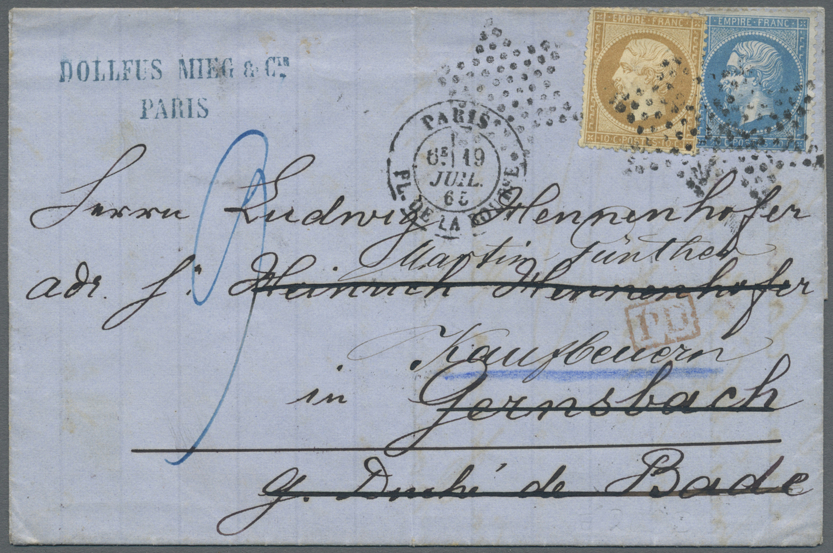 Br Bayern - Besonderheiten: 1865, Incoming Mail Frankreich-Bayern Mit Blauer Taxe "9" (Kreuzer) Als Nac - Andere & Zonder Classificatie