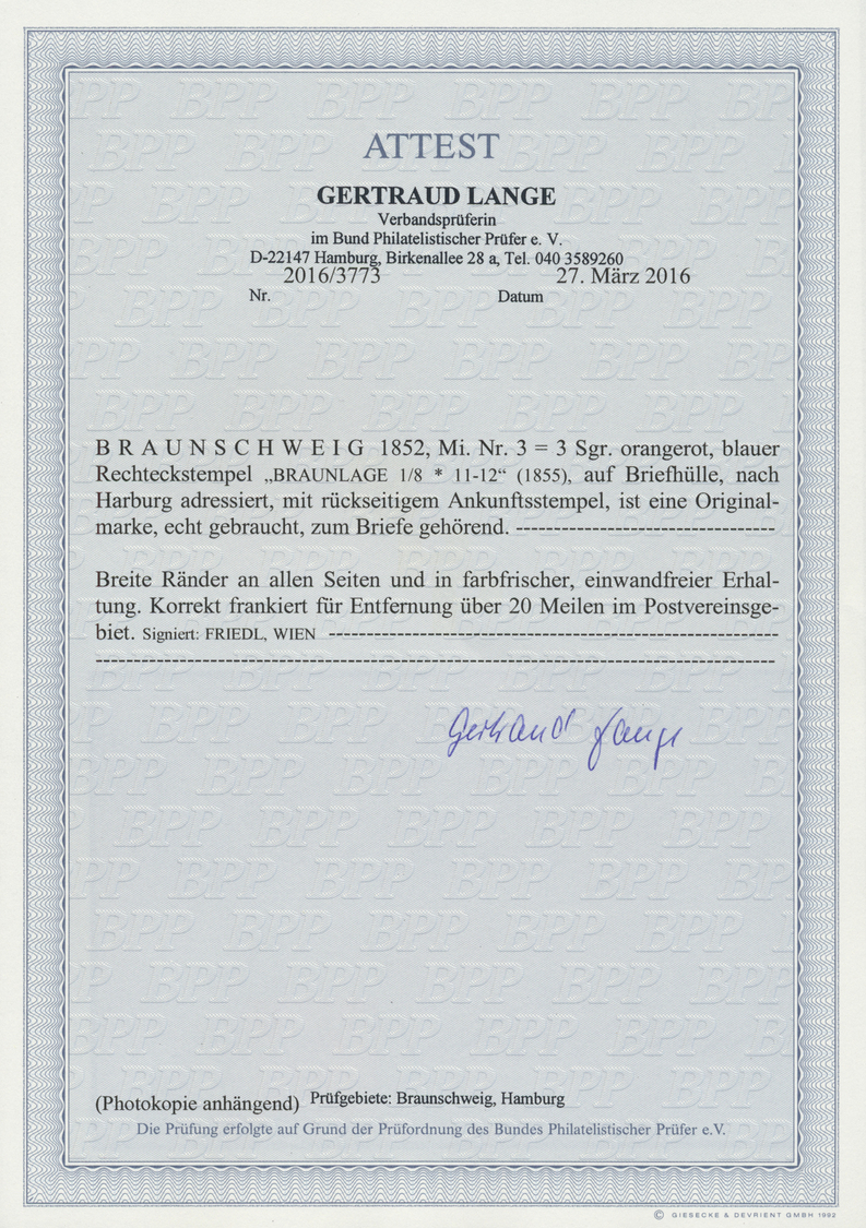 Br Braunschweig - Marken und Briefe: 1853. 3 Sgr. schwarz auf mattrosa, Mi.-Nr. 8a als Zweidrittelung a